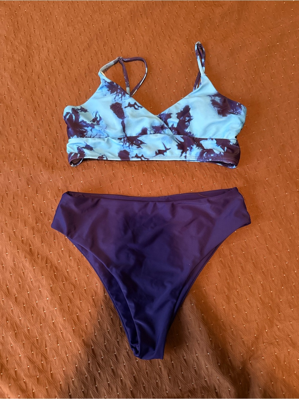 SHEIN Light Blue Tie-Dye Bralette & Deep Purple High-Waist Bikini Set